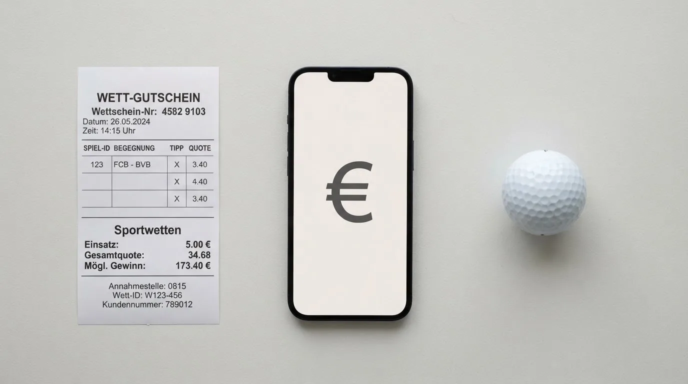 Ein leerer Wettschein aus Papier liegt neben einem Smartphone mit dunklem Display auf einem Tisch, daneben ein einzelner Golfball.