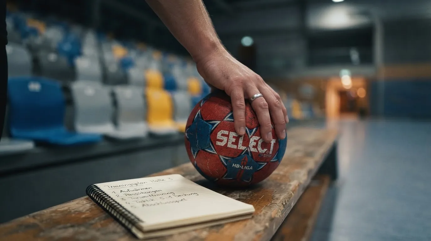 Eine Hand hält einen Handball, im Hintergrund eine unscharfe Tribüne, daneben liegt ein Notizblock auf einer Bank.