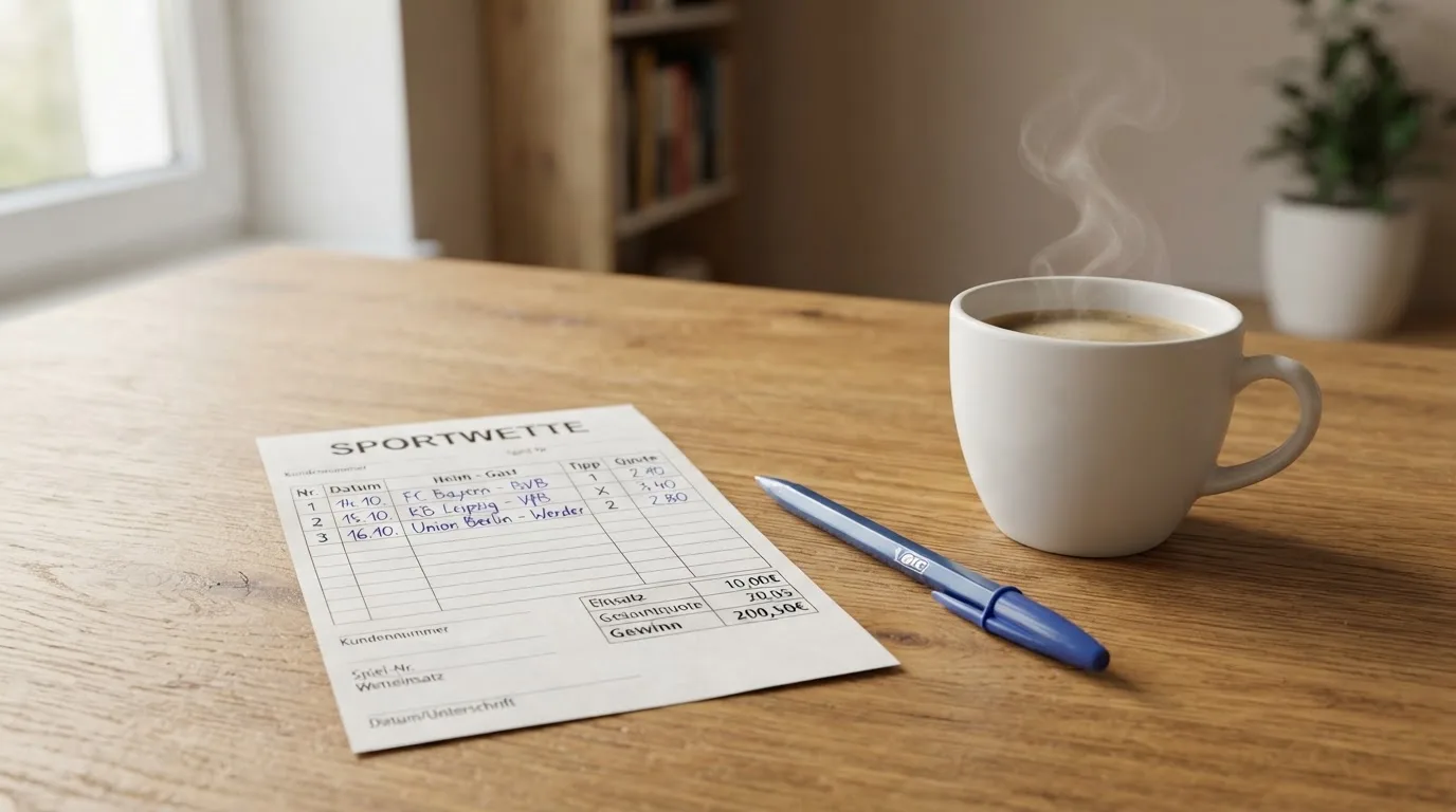 Ein leerer Wettschein aus Papier und ein Kugelschreiber liegen auf einem Schreibtisch neben einer Tasse Kaffee im Tageslicht.
