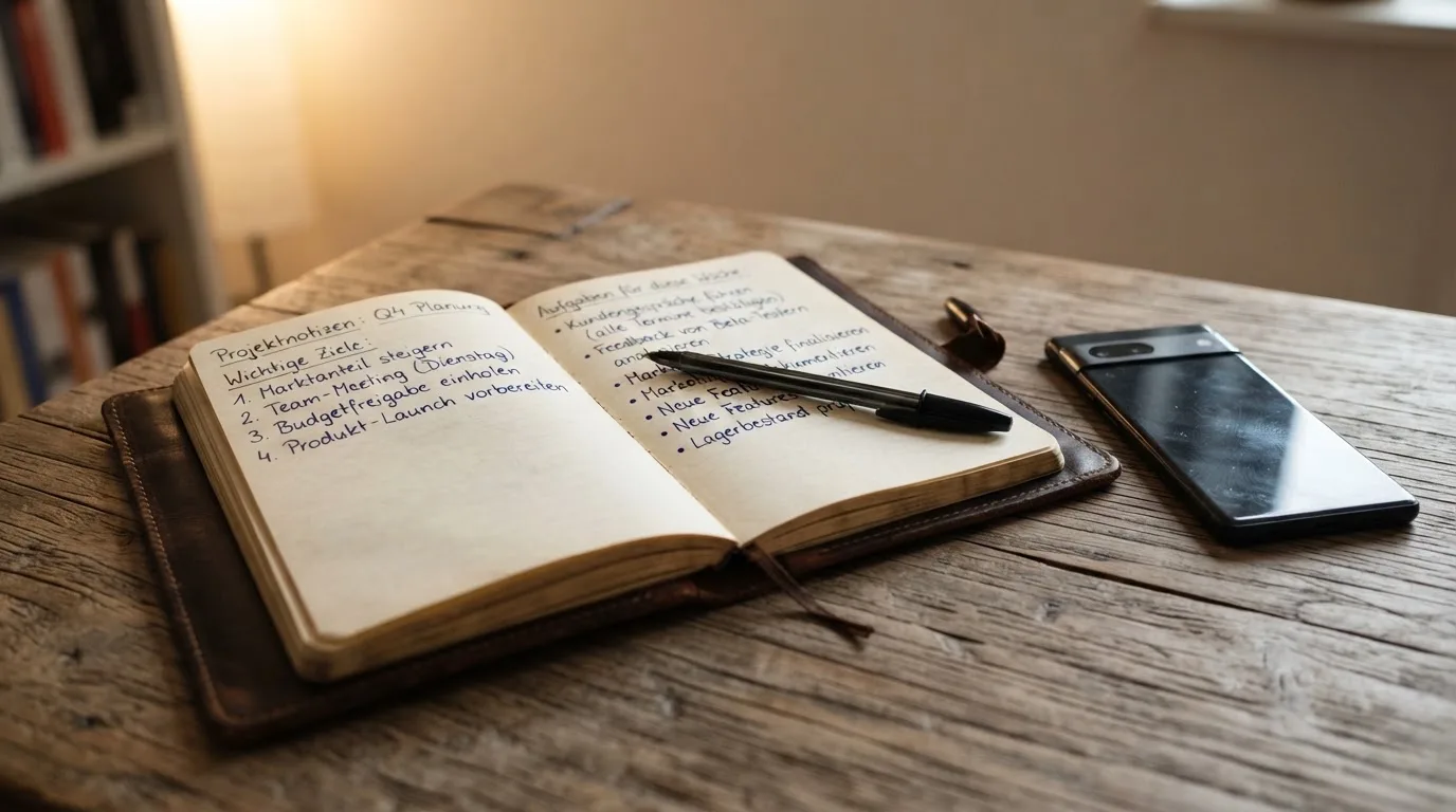 Ein Notizbuch mit handschriftlichen Notizen und ein Stift liegen auf einem Holztisch neben einem Smartphone mit dunklem Bildschirm.