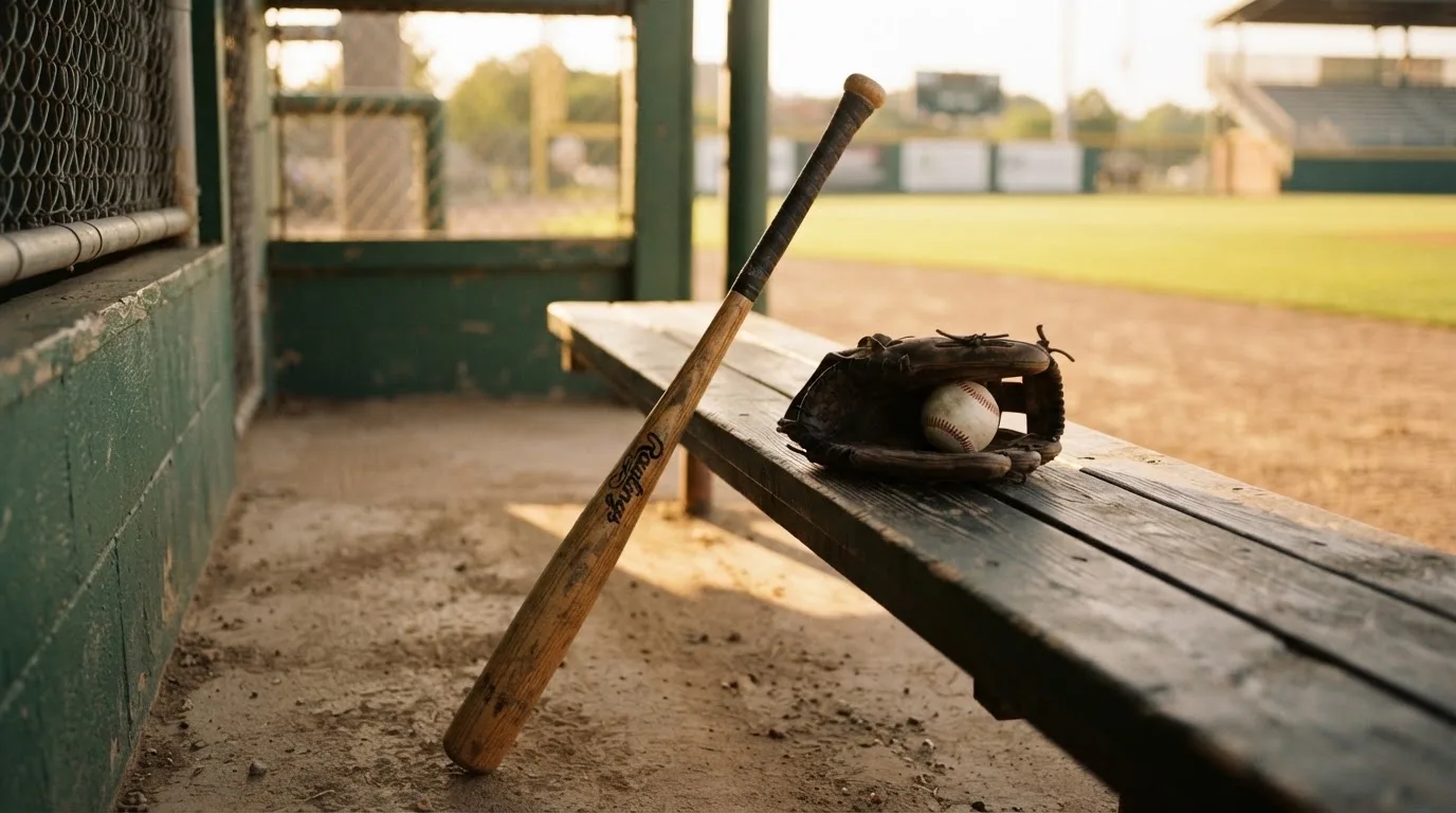 Ein Baseballschläger lehnt an einer Bank im Dugout, daneben liegen ein Handschuh und ein Ball im Licht der Nachmittagssonne.