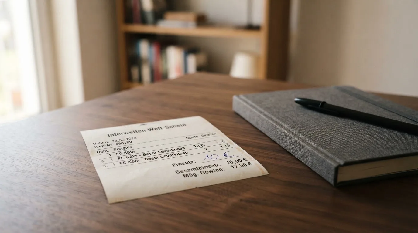 Ein leerer Wettschein aus Papier liegt neben einem Notizbuch und einem Stift auf einem aufgeräumten Schreibtisch.