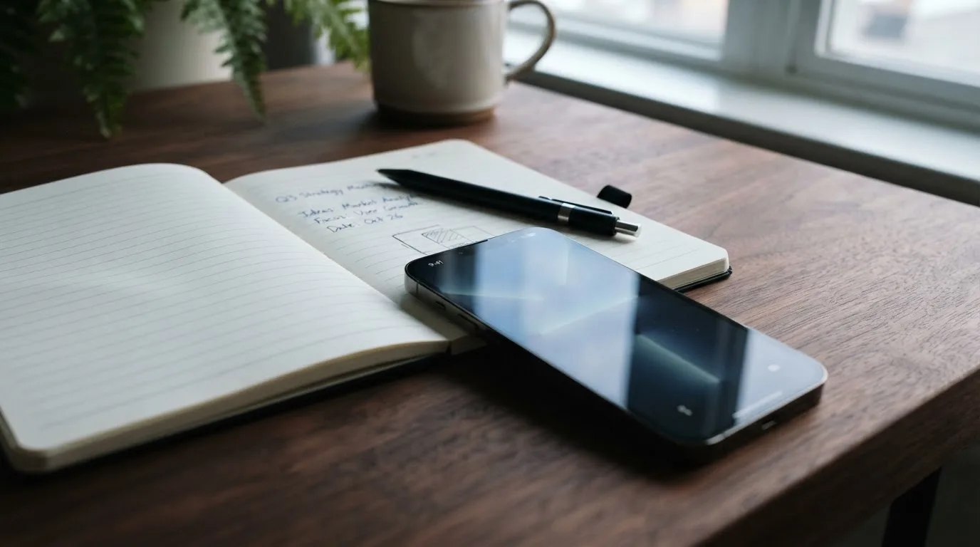 Ein Smartphone mit dunklem Display liegt neben einem Notizbuch und einem Kugelschreiber auf einem Tisch.