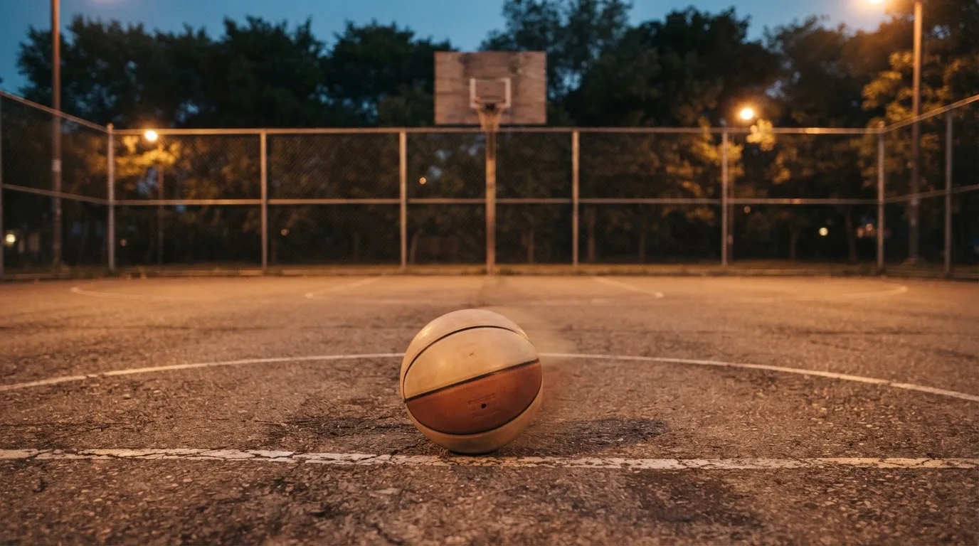 Ein Basketball rollt auf einem Freiluftplatz in der Abenddämmerung zu einem Korb, die Straßenlaternen leuchten bereits.