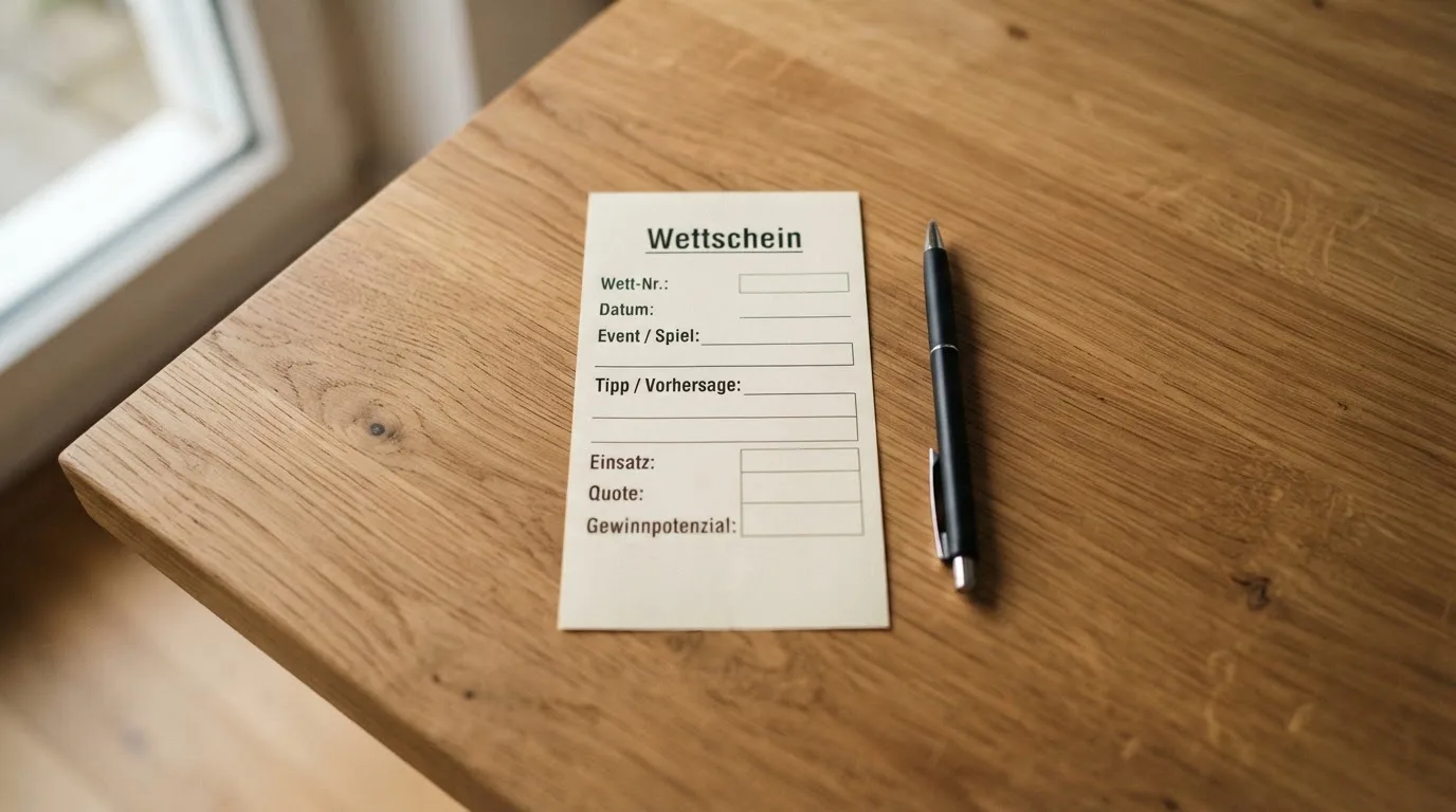 Ein leerer Wettschein aus Papier liegt neben einem Kugelschreiber auf einem Schreibtisch im Tageslicht.