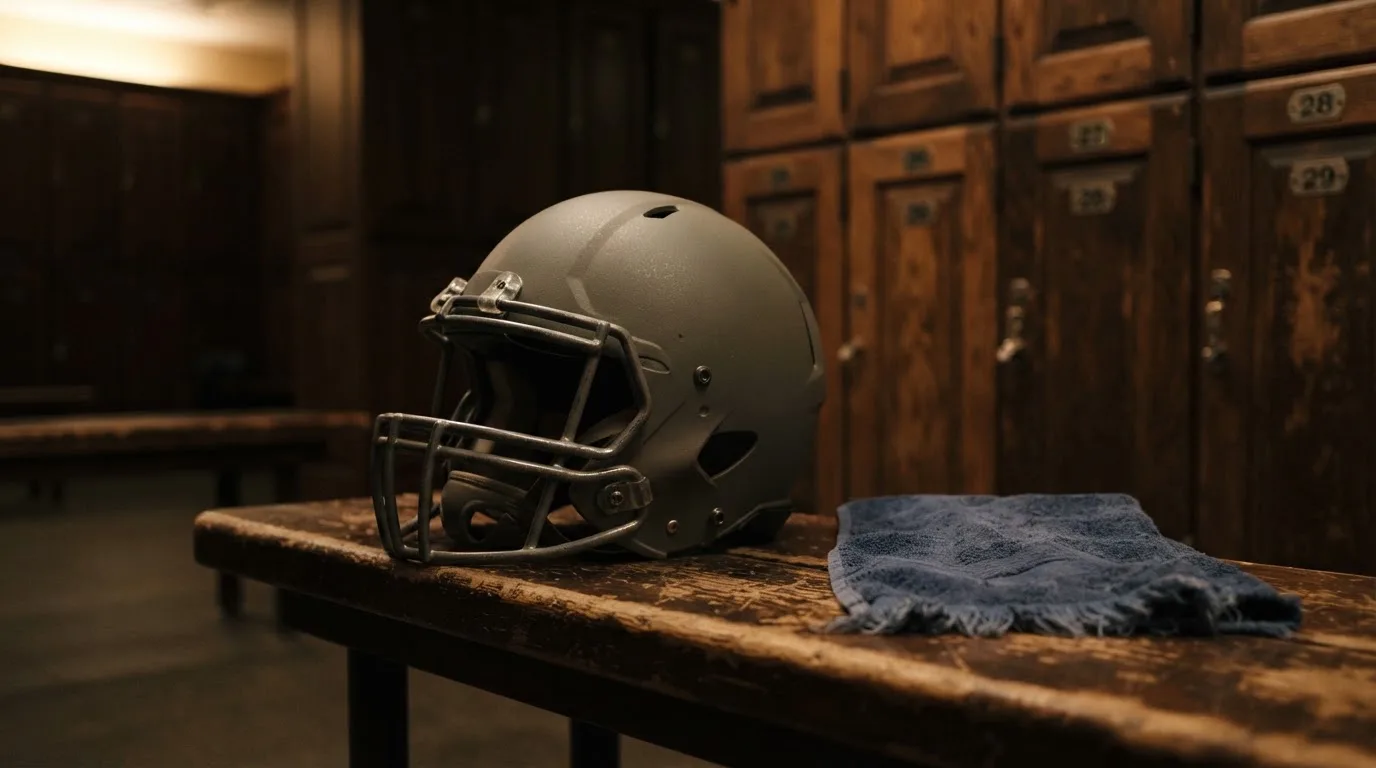 Ein neutraler Footballhelm ohne Aufdruck steht auf einer Holzbank in einer Umkleidekabine.
