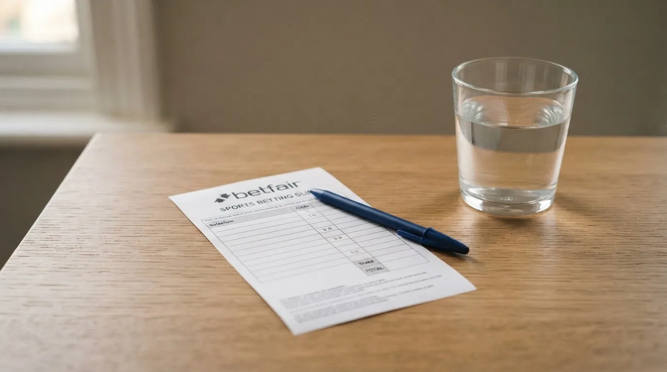 Ein leerer Wettschein aus Papier liegt neben einem Stift auf einem Tisch, daneben ein Glas Wasser.