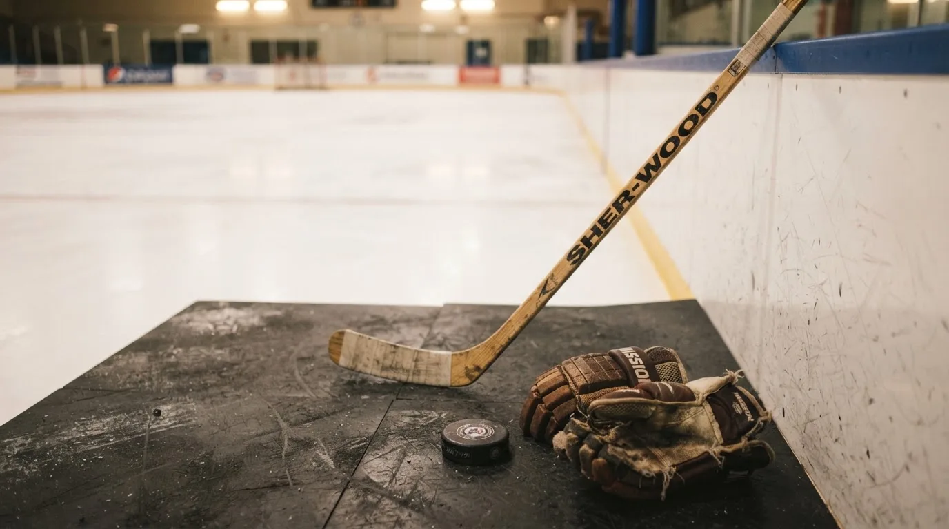 Ein Eishockeyschläger lehnt an einer Bande, daneben liegen ein Puck und ein Paar Handschuhe in einer Eishalle.