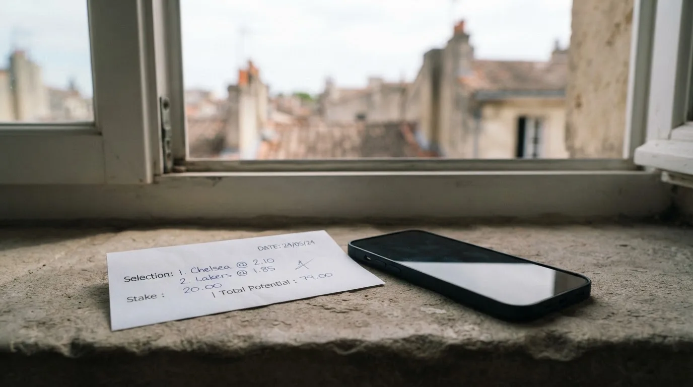 Ein leerer Wettschein aus Papier und ein Smartphone mit dunklem Display liegen auf einer Fensterbank im Tageslicht.