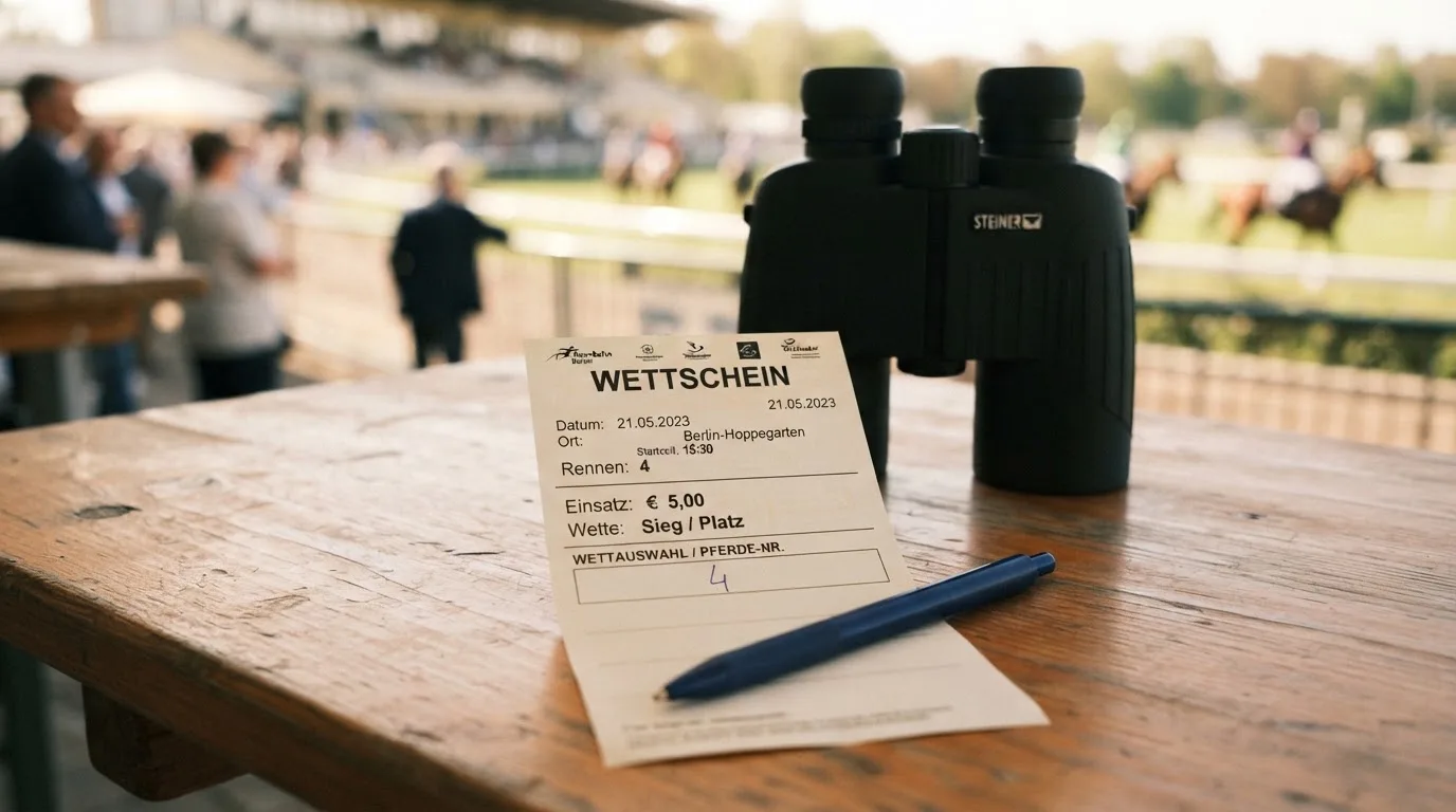 Ein leerer Wettschein aus Papier und ein Kugelschreiber liegen auf einem Holztisch neben einem Fernglas.