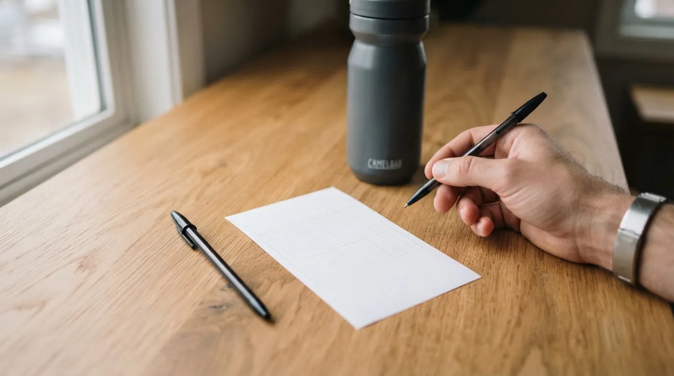 Ein leerer Wettschein aus Papier liegt neben einer Trinkflasche und einem Stift auf einem Tisch.