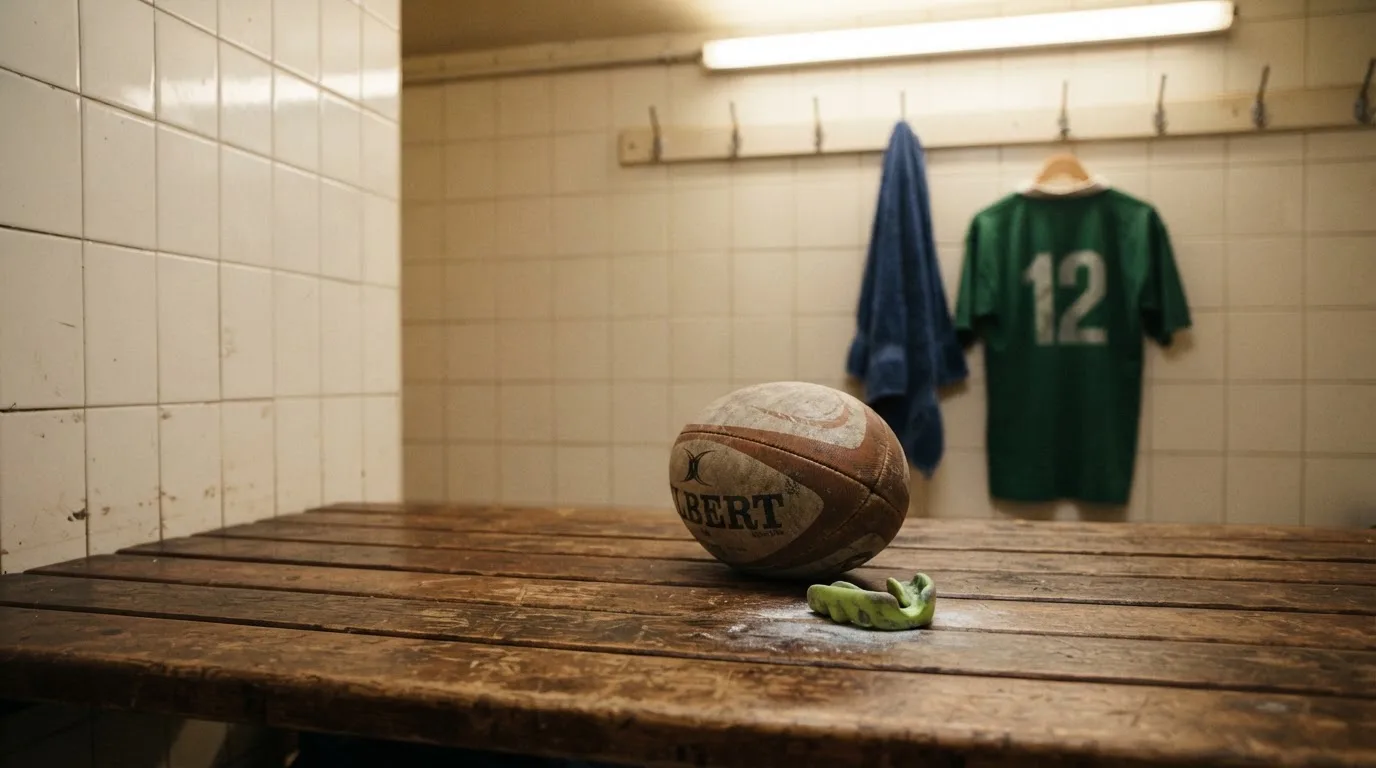 Ein Rugbyball und ein Mundschutz liegen auf einer Holzbank neben einer Reihe Kleiderhaken in einer Umkleide.