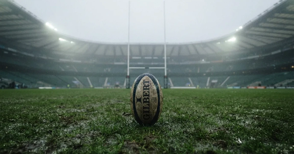 Ein ovaler Rugbyball liegt vor den hohen Torstangen auf nassem Rasen, über dem Stadion zieht Nebel auf.