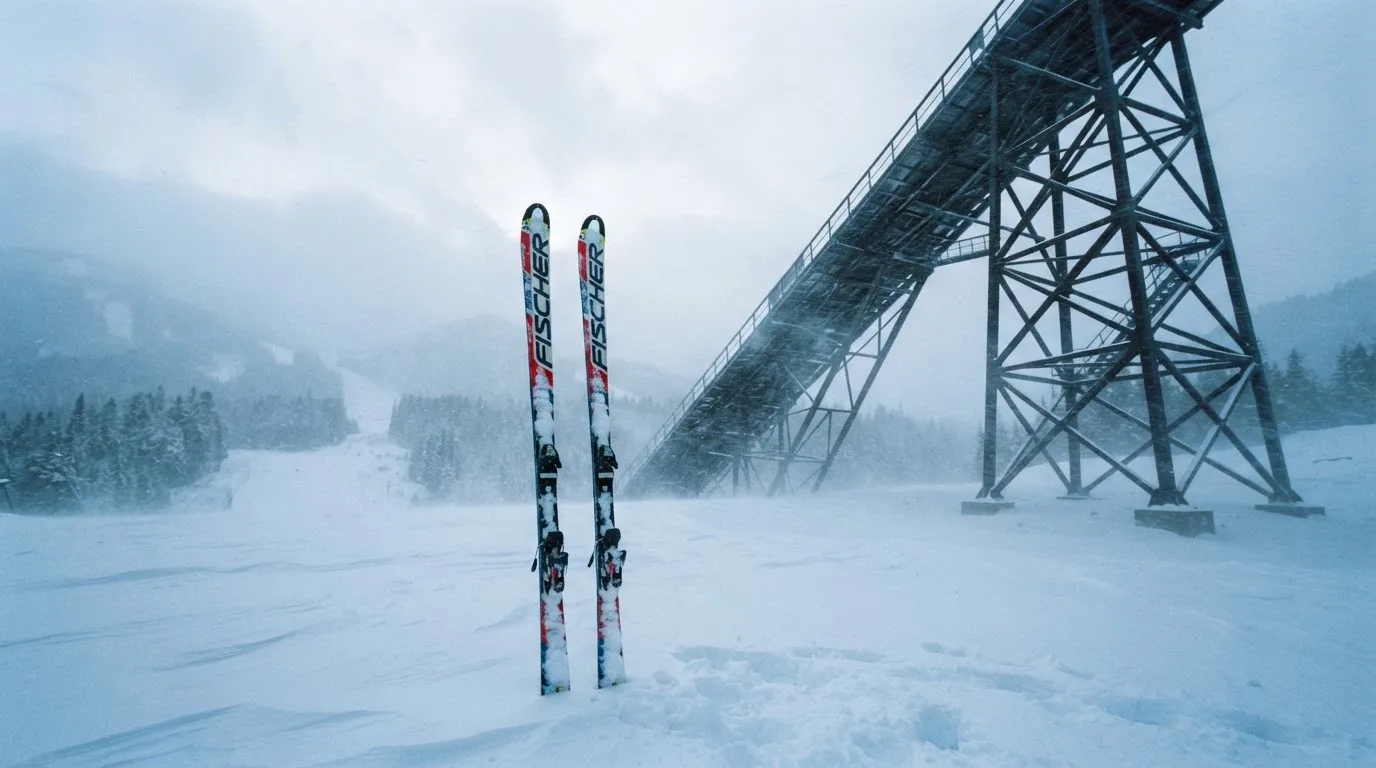 Ein Paar Skier steckt aufrecht im Schnee neben einem Anlaufturm, im Hintergrund wirbelt feiner Schnee im Wind.