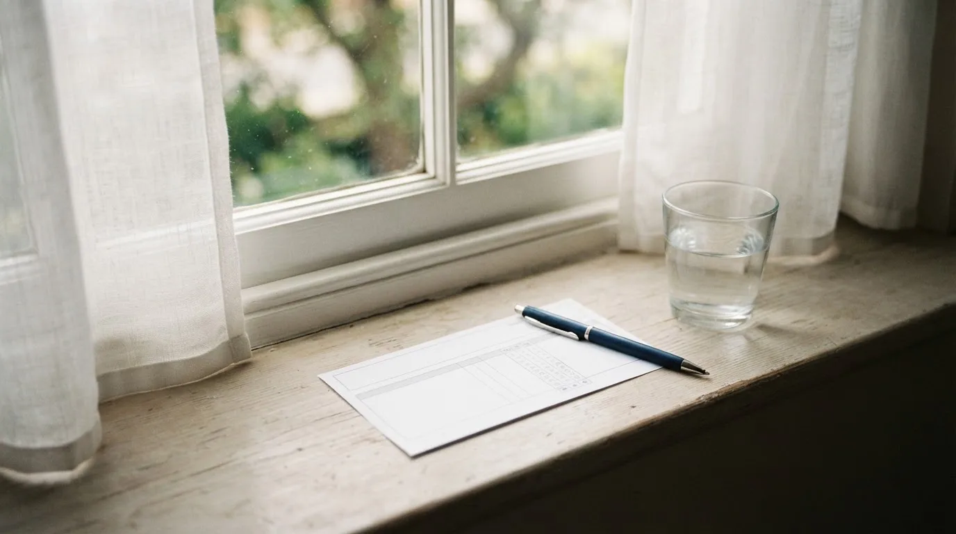 Ein leerer Wettschein aus Papier und ein Kugelschreiber liegen neben einem Glas Wasser auf einer Fensterbank.