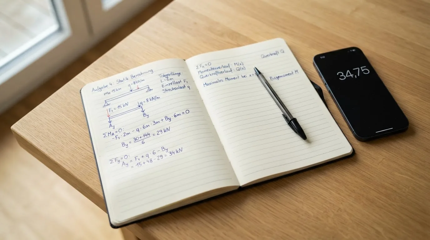 Ein aufgeschlagenes Notizbuch mit handschriftlichen Rechnungen liegt neben Stift und Smartphone auf einem Holztisch im Tageslicht.