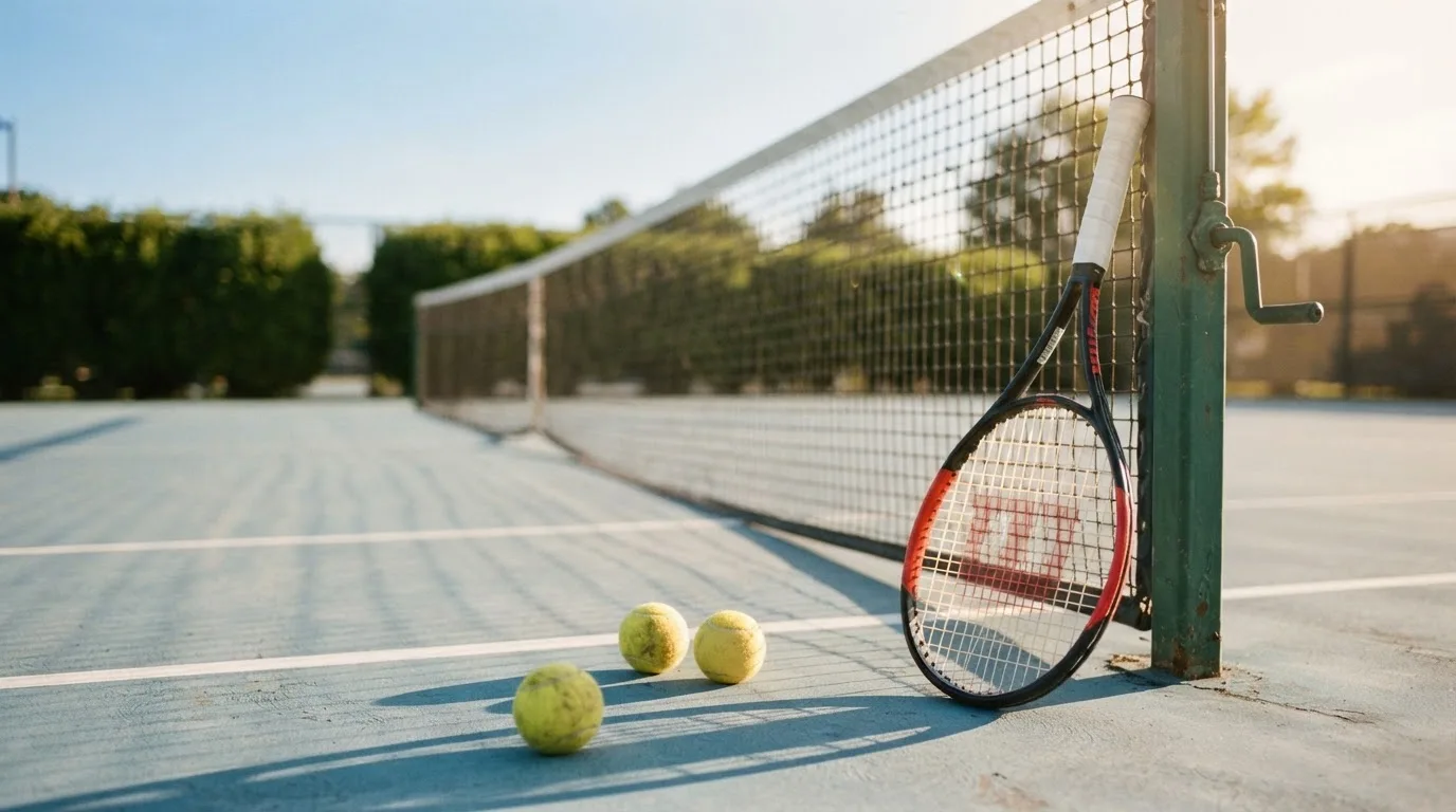 Ein Tennisschläger lehnt an einem Netzpfosten, daneben liegen drei Bälle auf einem Hartplatz in warmem Nachmittagslicht.