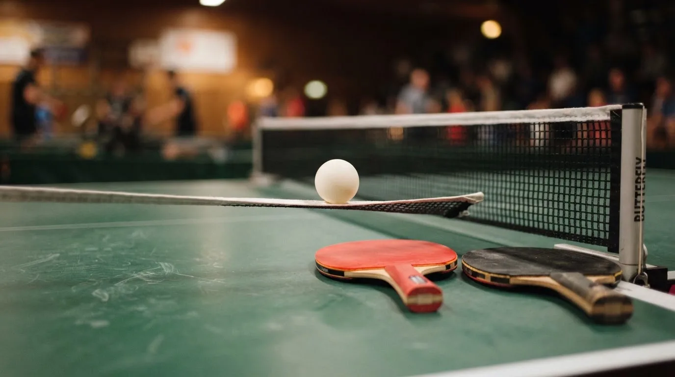 Ein weißer Ball liegt in Nahaufnahme auf der Netzkante einer Tischtennisplatte, daneben zwei Holzschläger mit rotem und schwarzem Belag.