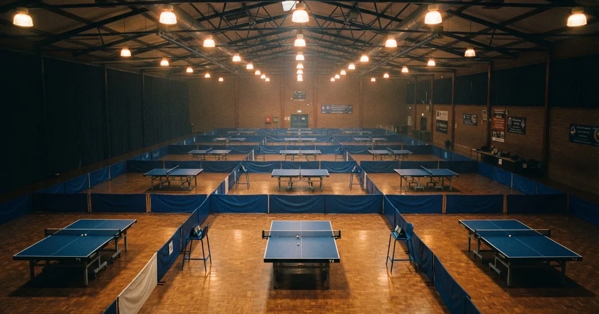 Eine Tischtennishalle aus erhöhter Perspektive mit mehreren blauen Tischen in Reihen unter gedämpftem Hallenlicht, ohne Personen.