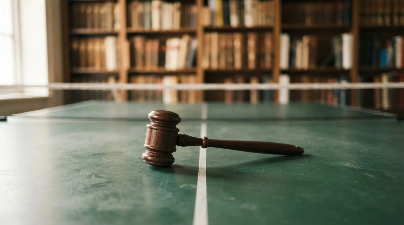 Ein Richterhammer aus Holz liegt auf einer polierten Tischplatte, dahinter eine unscharfe Bücherwand.