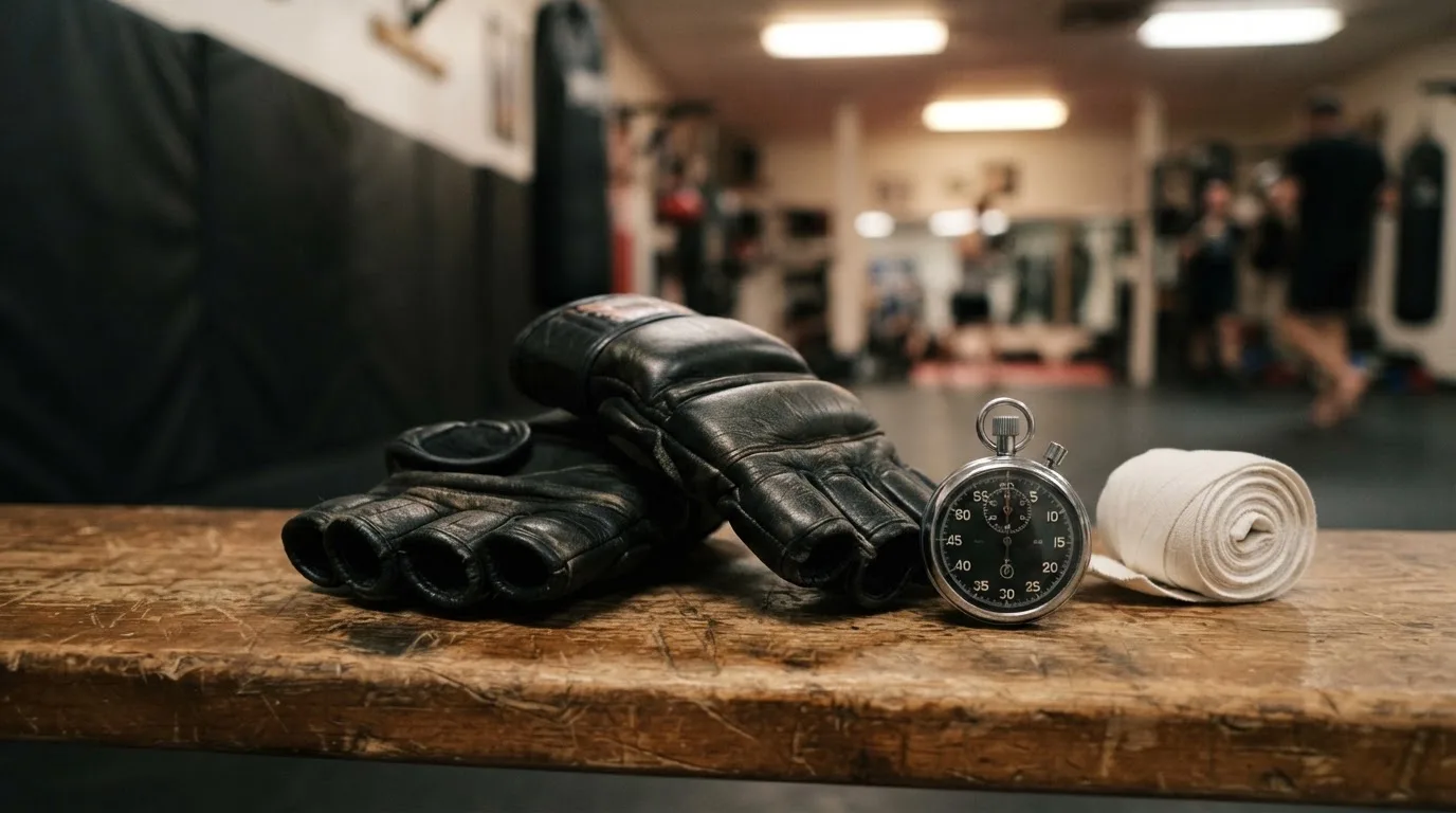 Ein Paar Kampfhandschuhe und eine Stoppuhr liegen auf einer Bank im Trainingsraum neben einer aufgerollten Handbandage.