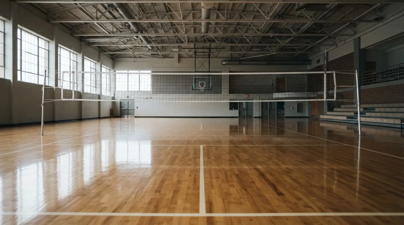 Eine leere Sporthalle mit gespanntem Volleyballnetz und glänzendem Parkett, durch hohe Fenster fällt Tageslicht.