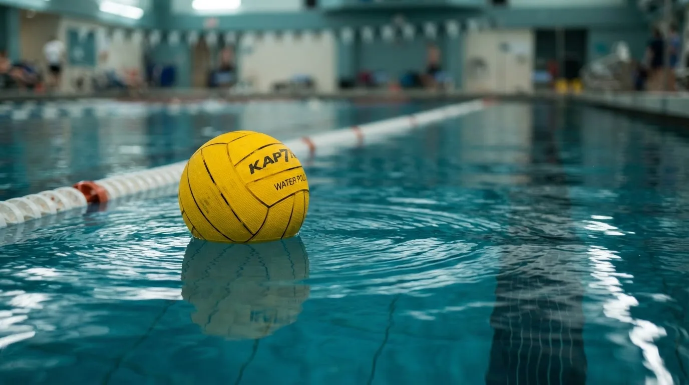 Ein gelber Wasserball treibt in Nahaufnahme auf der Wasseroberfläche neben einer Leine mit Bojen.