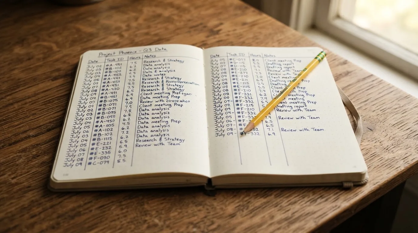 Ein Notizbuch mit handschriftlichen Spalten und einem Bleistift liegt auf einem Schreibtisch neben einem Taschenrechner.