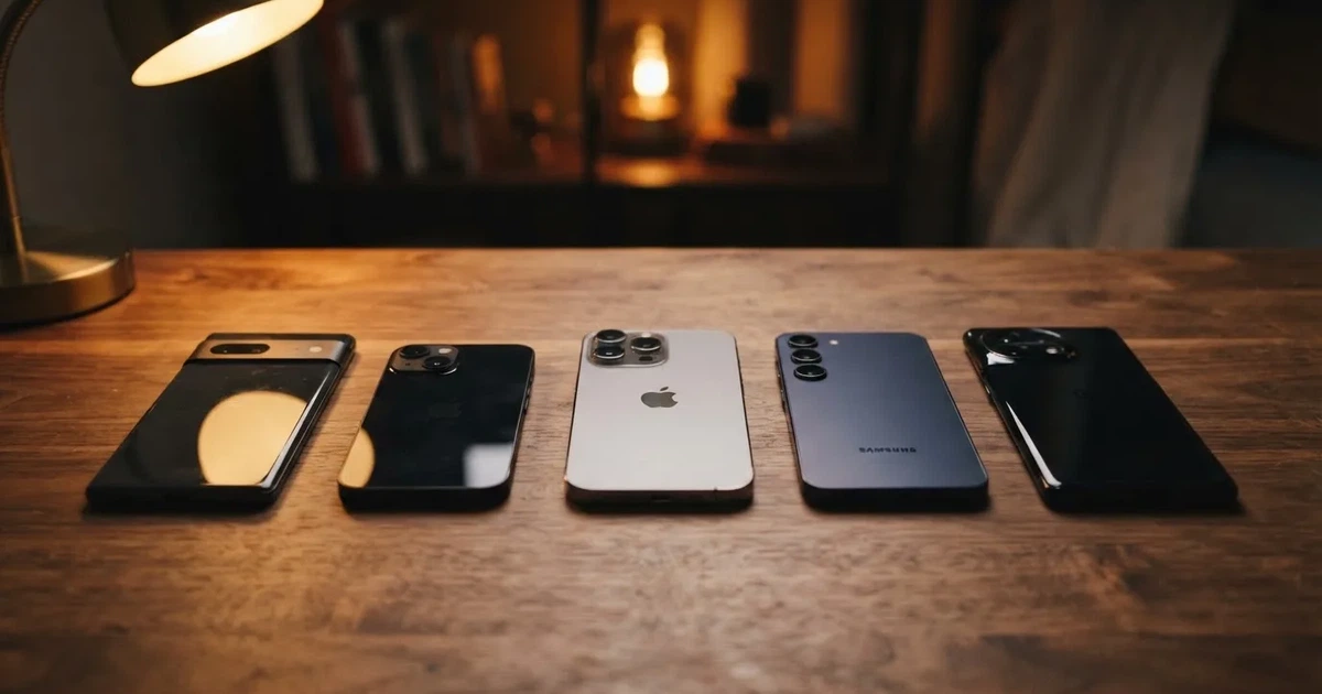 Mehrere Smartphones unterschiedlicher Größe liegen nebeneinander auf einem Holztisch, die Bildschirme sind dunkel.