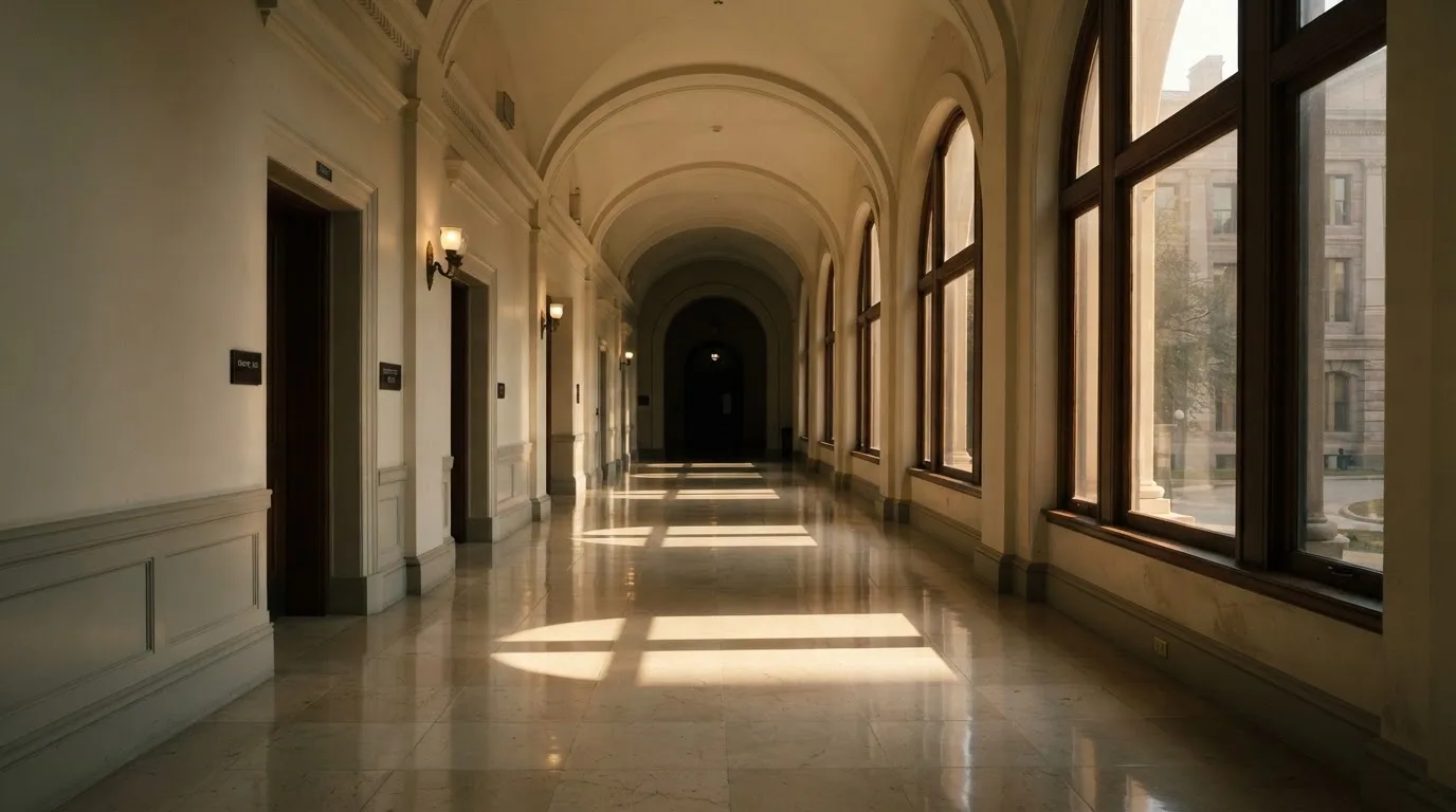 Ein leerer Amtsflur mit hohen Fenstern und glänzendem Steinboden, durch die Fenster fällt das Licht eines Vormittags.