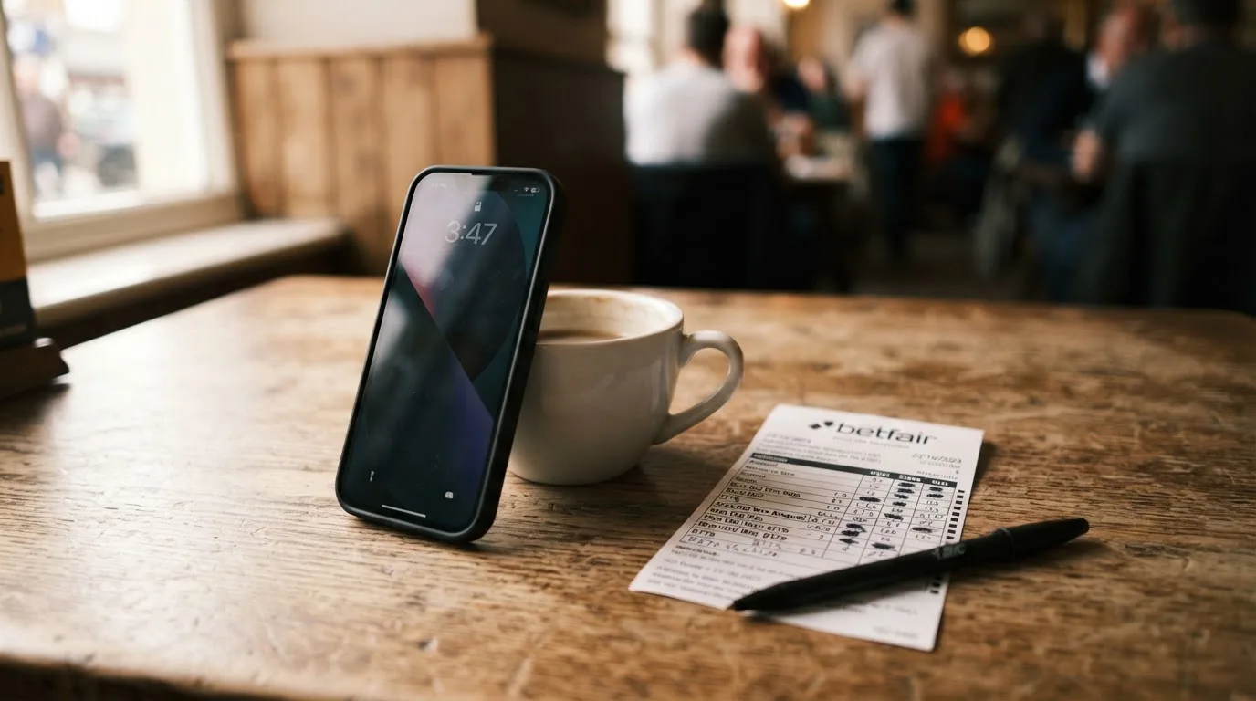 Ein Smartphone mit dunklem Bildschirm lehnt an einer Kaffeetasse auf einem Holztisch, daneben ein blanker Papier-Wettschein.