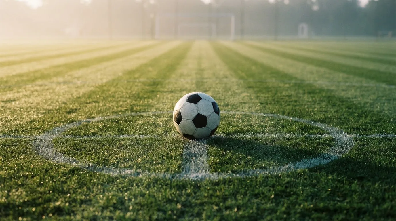 Ein Fußball liegt auf dem Anstoßpunkt eines Rasenplatzes im ersten Morgenlicht, Tau glänzt auf dem Gras.