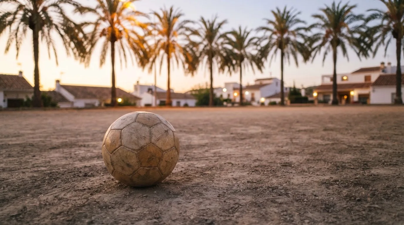 Ein Fußball liegt auf einem staubigen Bolzplatz mit Palmen im Hintergrund in warmem Abendlicht.