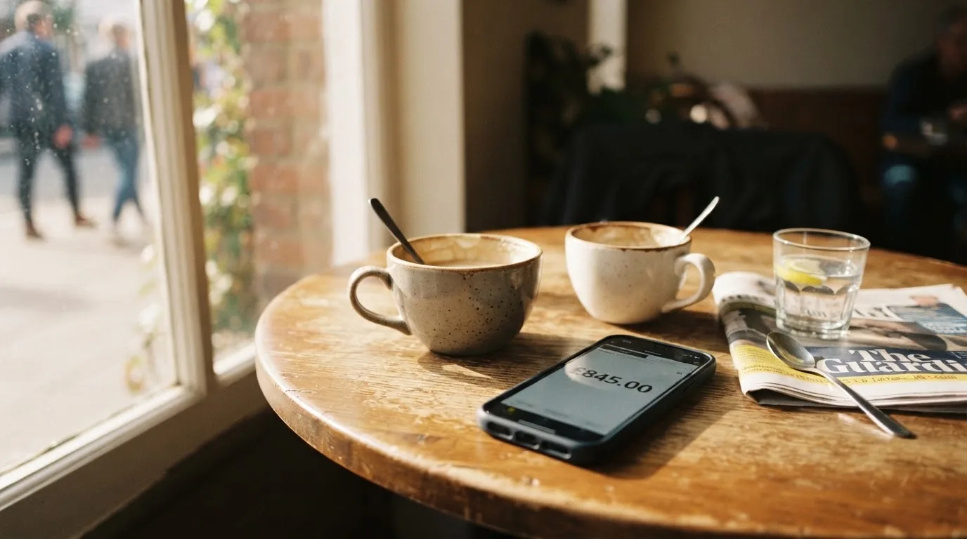 Zwei Kaffeetassen und ein dunkles Smartphone stehen auf einem Café-Tisch am Fenster im Morgenlicht.