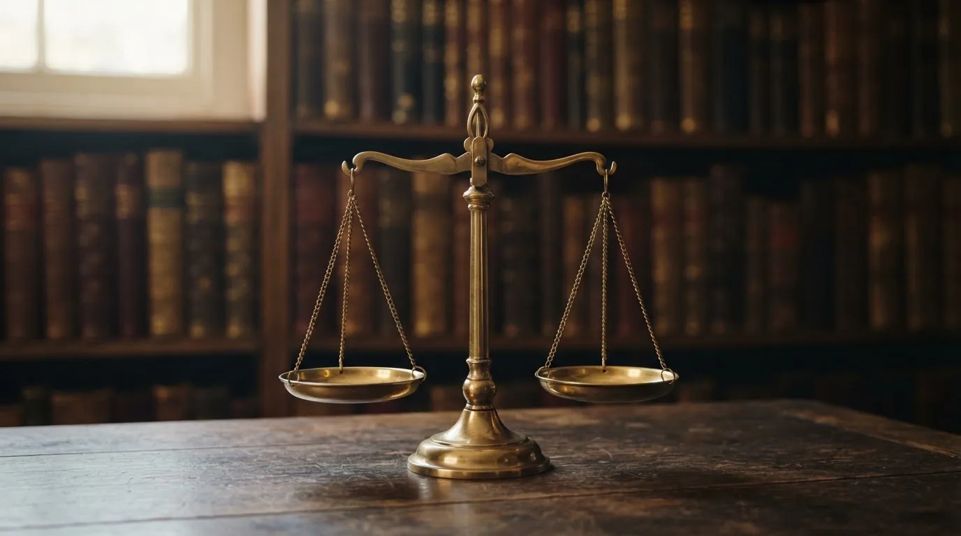 Eine Messingwaage steht auf einem dunklen Holztisch, dahinter eine unscharfe Regalwand mit geschlossenen Büchern.