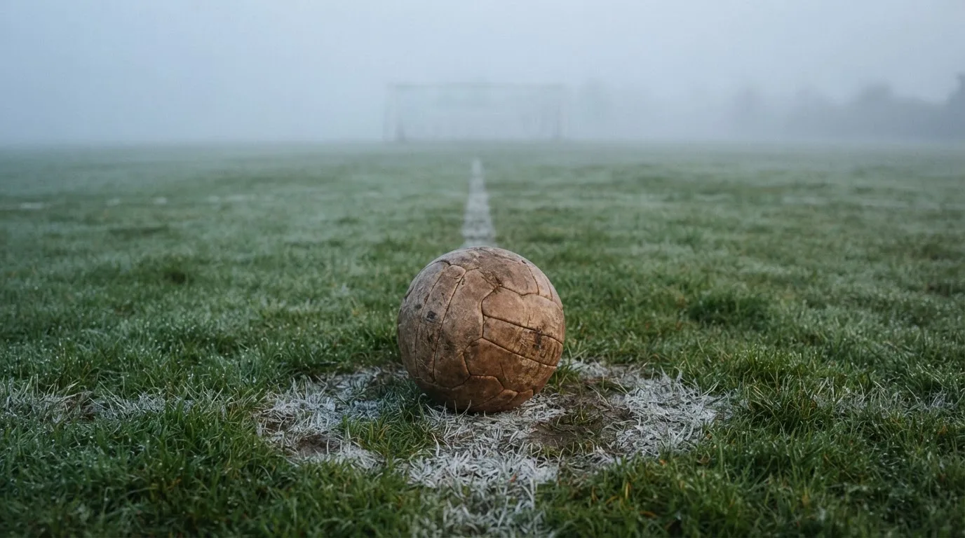Ein abgewetzter Fußball liegt auf dem Anstoßkreis eines Naturrasens im Morgennebel.