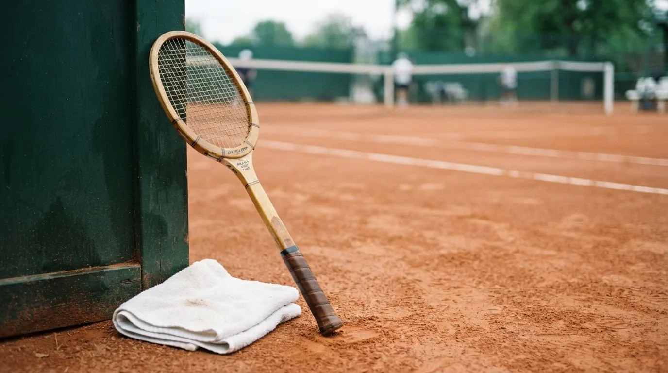 Ein Tennisschläger lehnt an einer dunkelgrünen Bande ohne Aufschrift auf einem Sandplatz, daneben liegt ein Handtuch.