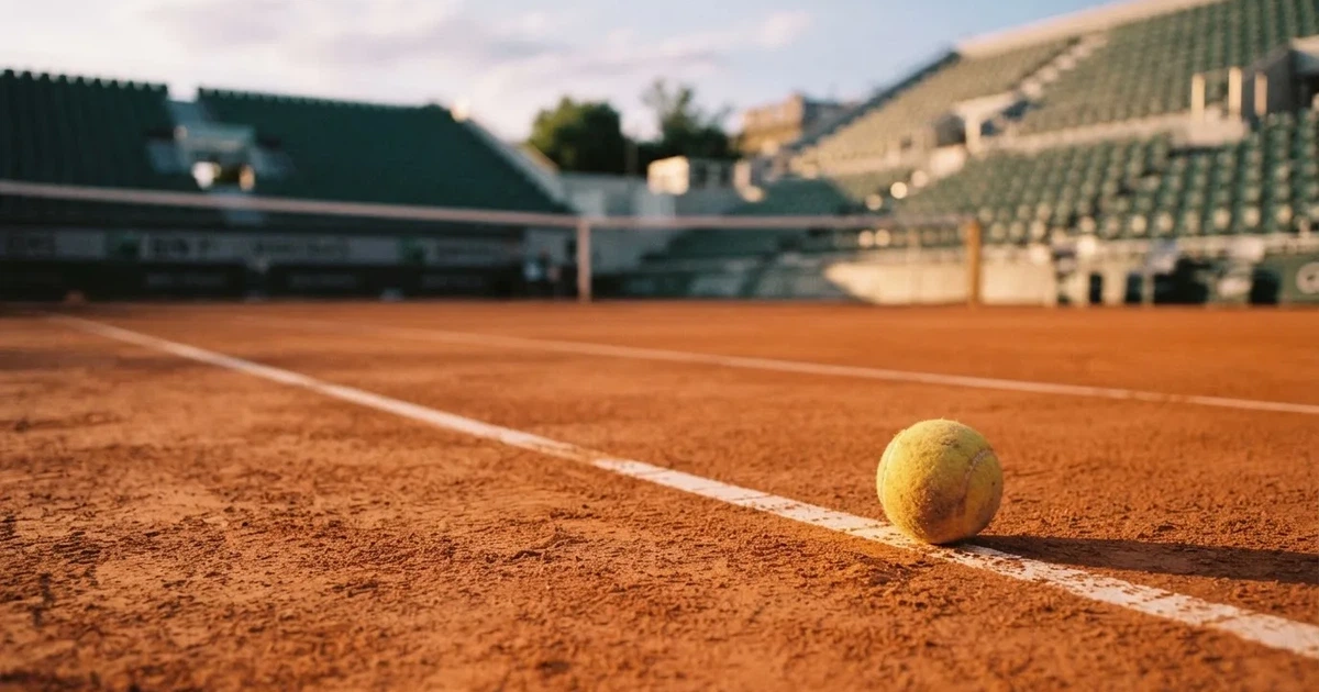 Ein Sandplatz mit rötlichem Belag und gezogenen weißen Linien, ein einzelner Tennisball liegt neben der Linie, im Hintergrund eine leere Tribüne.