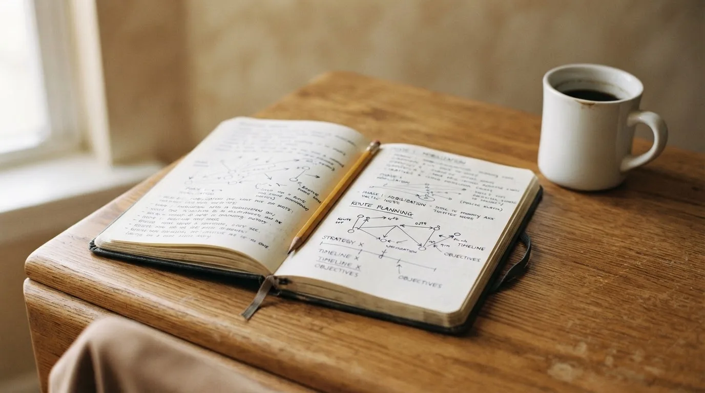 Ein aufgeschlagenes Notizbuch mit handschriftlichen Skizzen liegt neben einem Bleistift auf einem Holztisch, daneben eine Tasse Kaffee.
