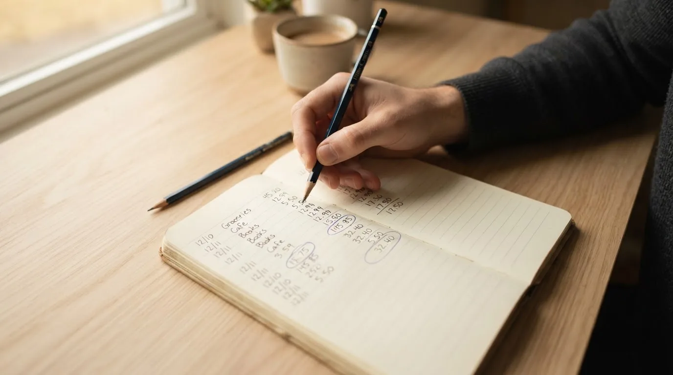 Ein Taschenrechner und ein Bleistift liegen auf einem Schreibtisch neben einem aufgeschlagenen Notizbuch mit handschriftlichen Zahlenreihen.