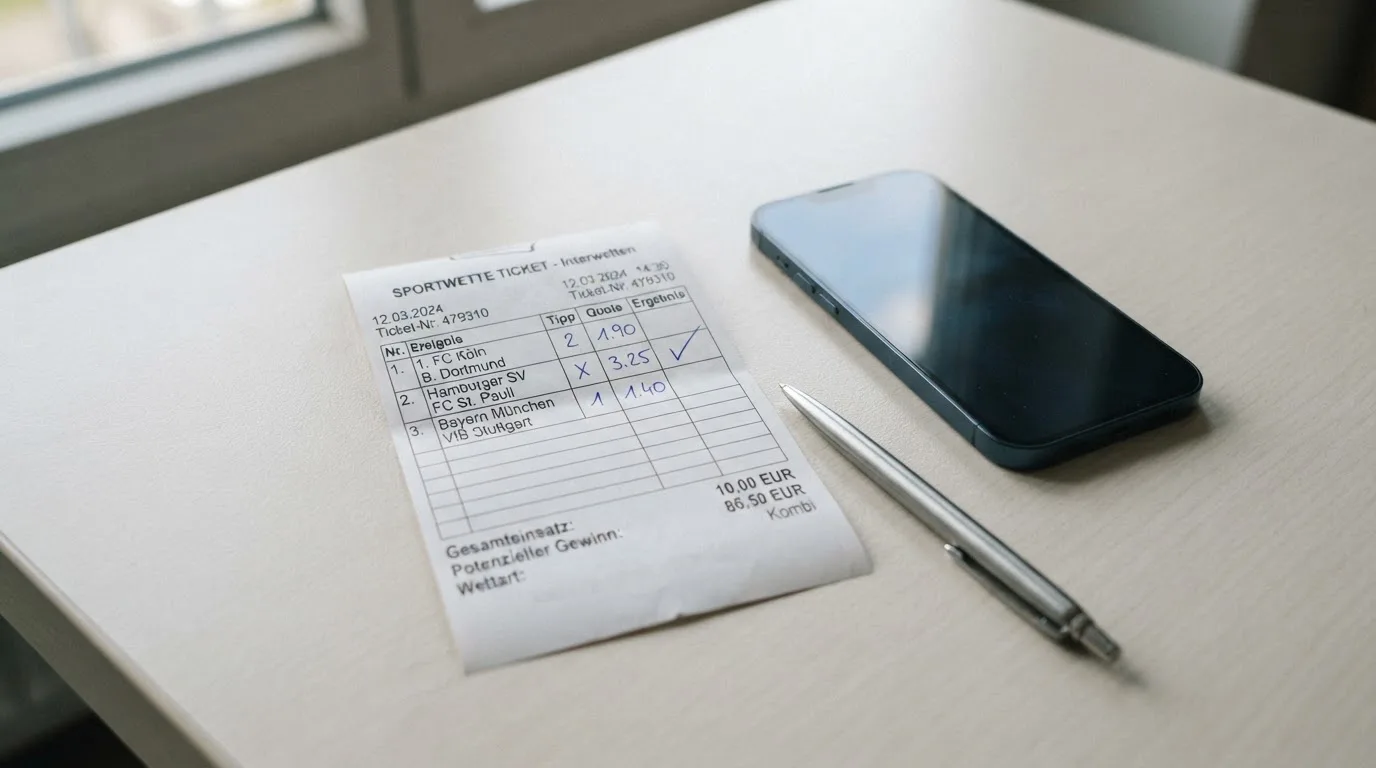 Ein leerer Papier-Wettschein liegt neben einem Smartphone mit dunklem Display auf einer hellen Tischplatte, daneben ein Kugelschreiber.