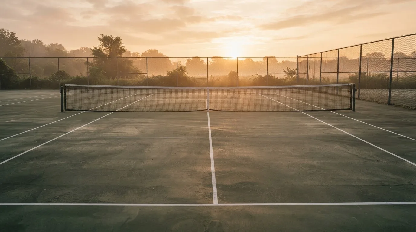 Ein Tennisplatz bei Sonnenaufgang, Netz und Grundlinien im weichen Licht, niemand ist zu sehen.