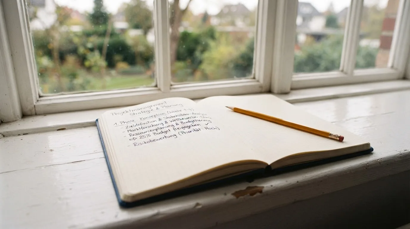 Ein aufgeschlagenes Notizbuch mit handschriftlichen Skizzen und ein Bleistift liegen auf einer Fensterbank im Tageslicht.