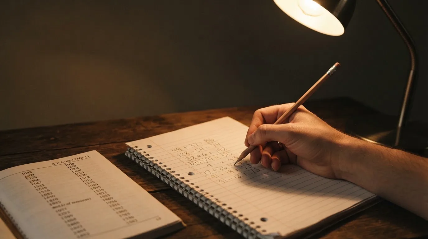 Ein Taschenrechner und ein Notizbuch mit handschriftlichen Zahlenreihen liegen auf einem Schreibtisch unter einer Lampe.
