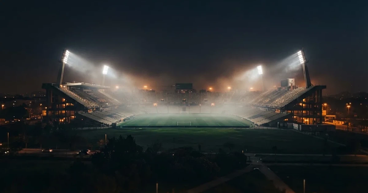 Ein leeres Stadion unter Flutlicht aus großer Entfernung gesehen, Dunst liegt über dem Rasen, die Tribünen sind nur als Lichtpunkte erkennbar.
