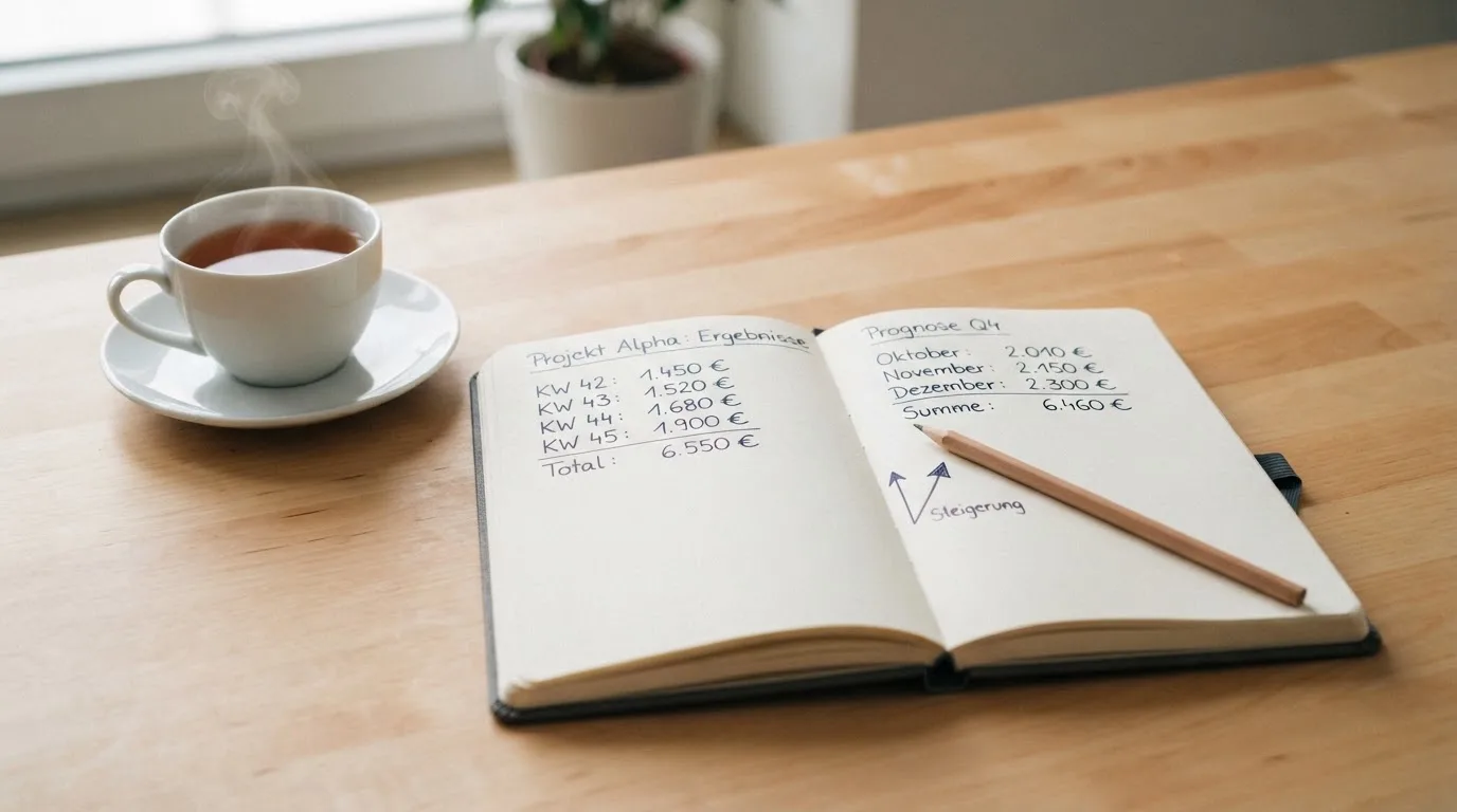 Ein aufgeschlagenes Notizbuch mit handschriftlichen Skizzen und ein Bleistift liegen auf einem Schreibtisch neben einer Tasse Tee.
