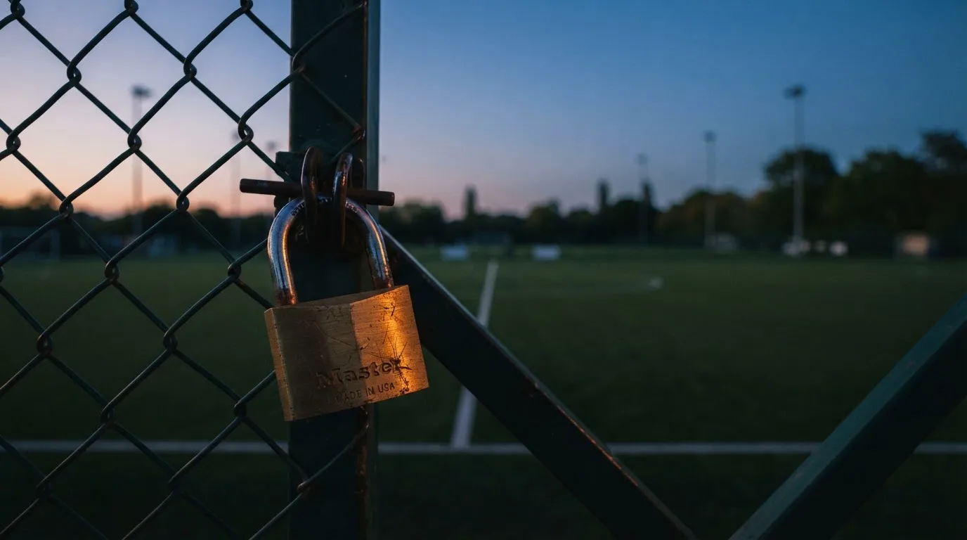 Ein Vorhängeschloss hängt an einem Metalltor in der Dämmerung, im Hintergrund unscharf ein Fußballplatz.