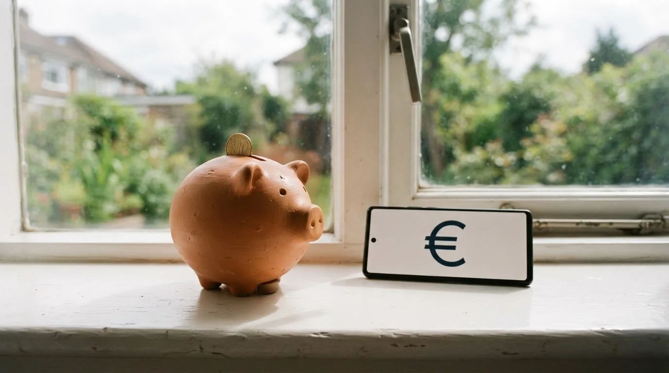 Eine kleine Spardose aus Keramik steht neben ein paar Euromünzen auf einem Fensterbrett im Tageslicht.