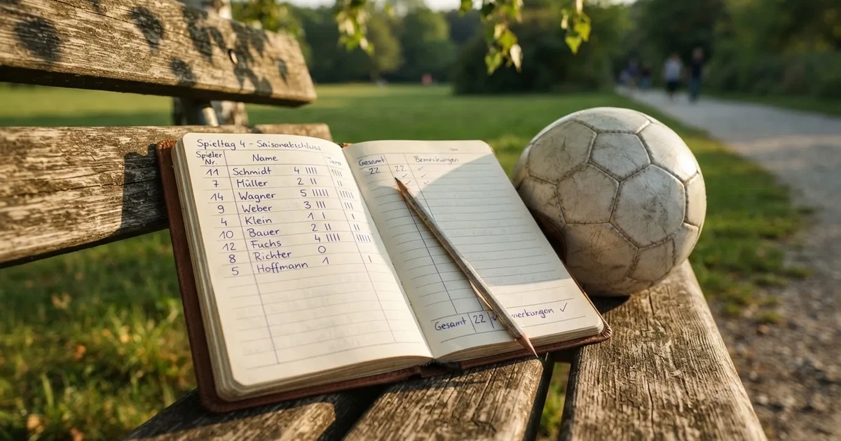 Ein Notizbuch mit handschriftlichen Zahlenkolonnen und ein Bleistift liegen neben einem Fußball auf einer Holzbank.
