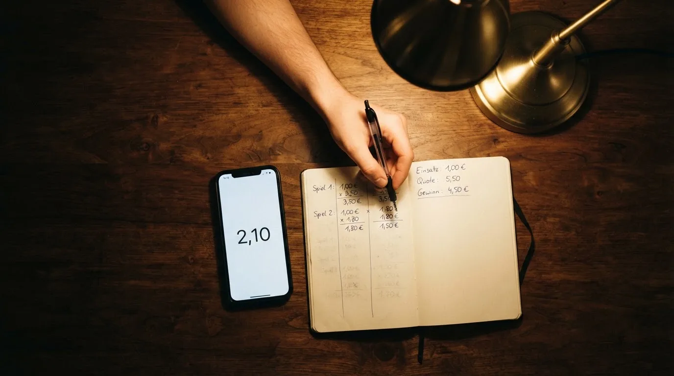 Ein Taschenrechner und ein aufgeschlagenes Notizbuch mit handschriftlichen Zahlenreihen liegen unter einer Schreibtischlampe.